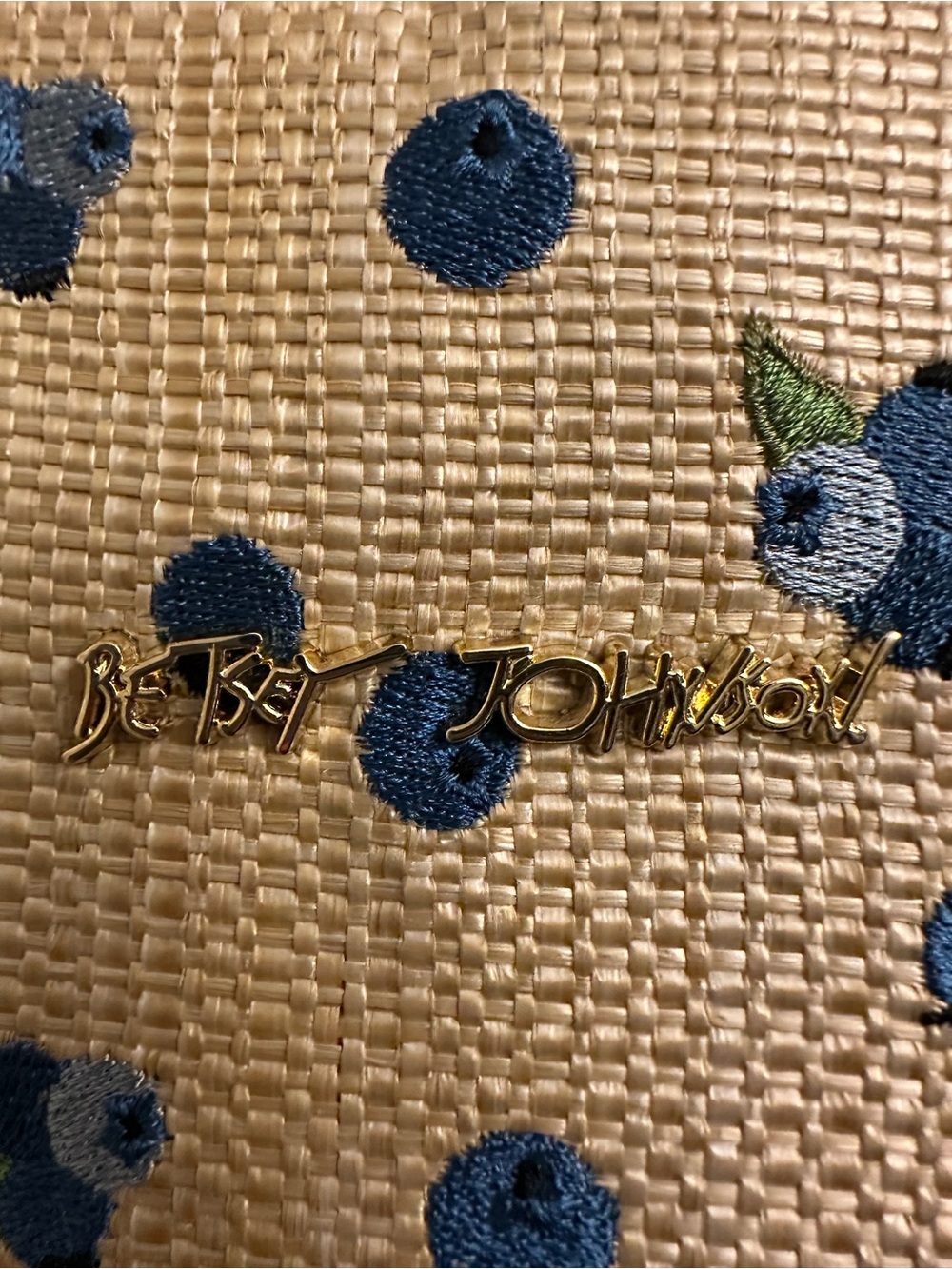 Betsey Johnson Tan Tote with Blue Floral Dots Design & Blue Pom Charm & Scarf - Picture 6 of 16